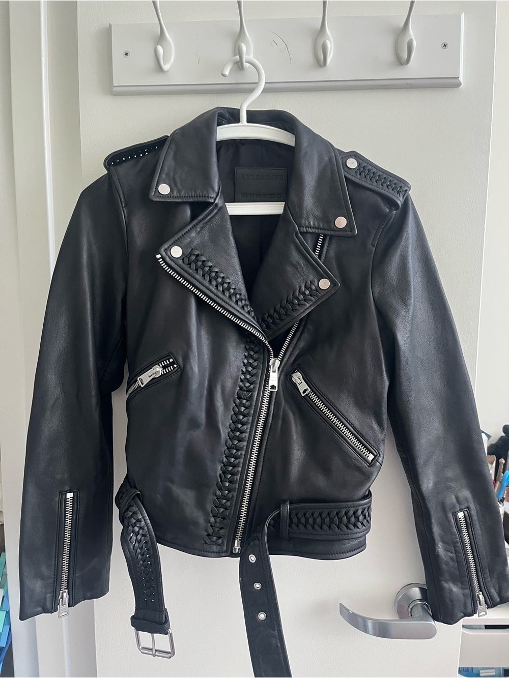 AllSaints Black Braided Leather Biker Jacket